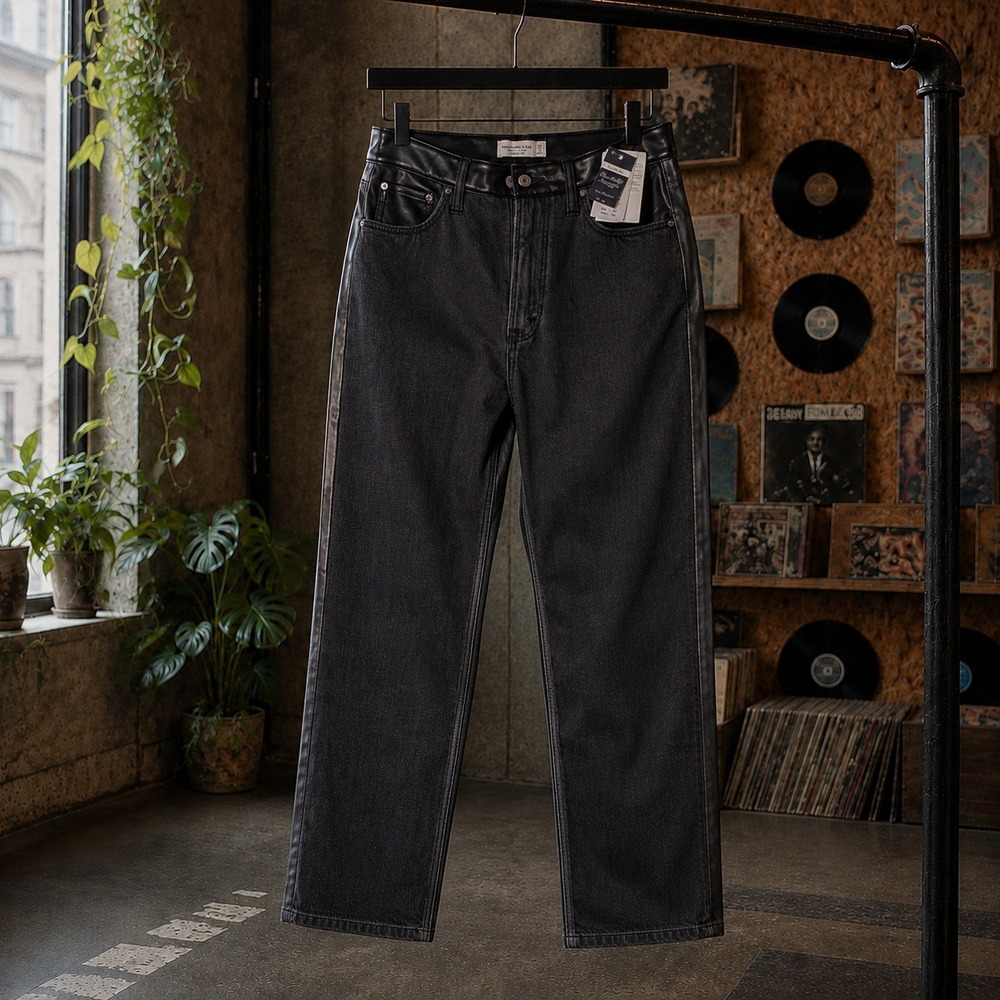 Abercrombie Curve Love Ultra High Rise Ankle Straight Vegan Leather Mix Jeans 27